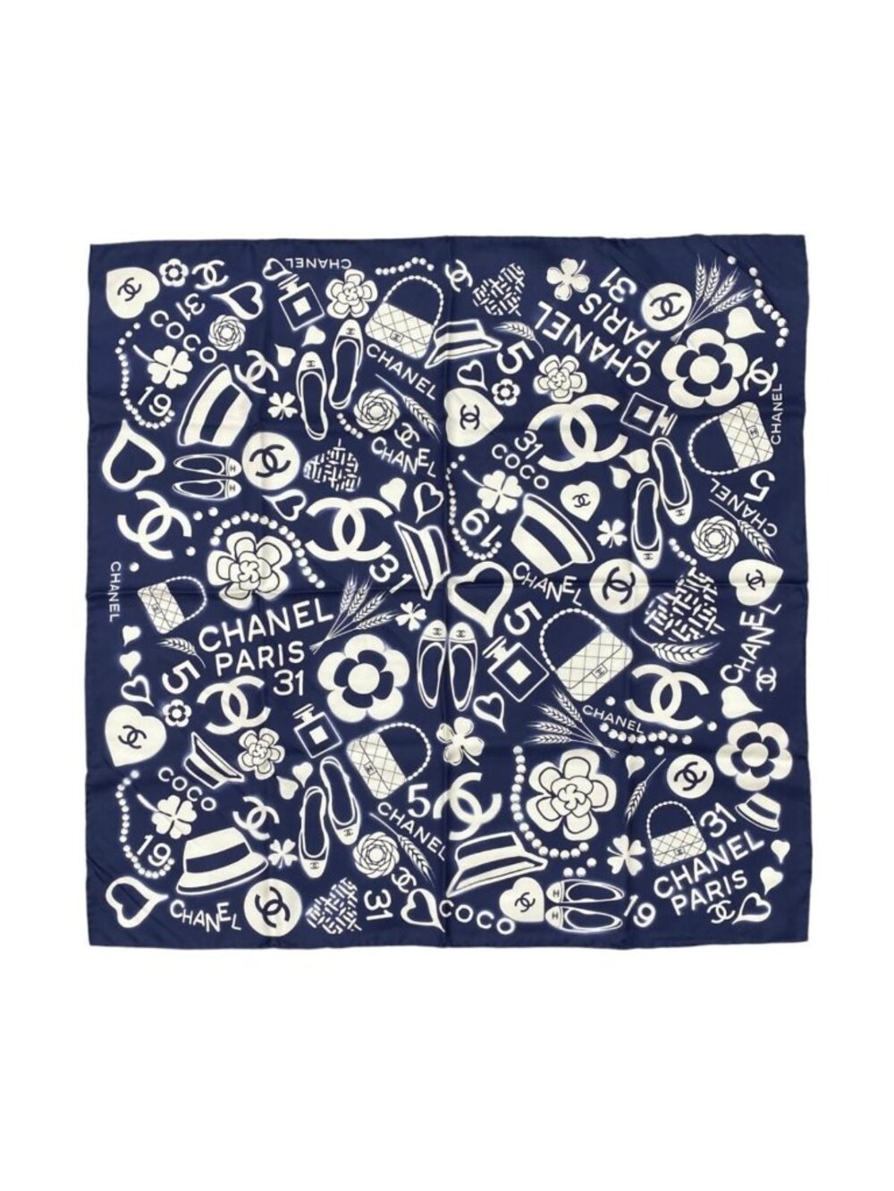 Chanel Silk Scarf CC Logo Camellia Navy Blue White